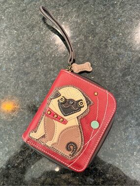 Chala Red Zip Wallet/Wristlet with Pug Adornment 5”x6”